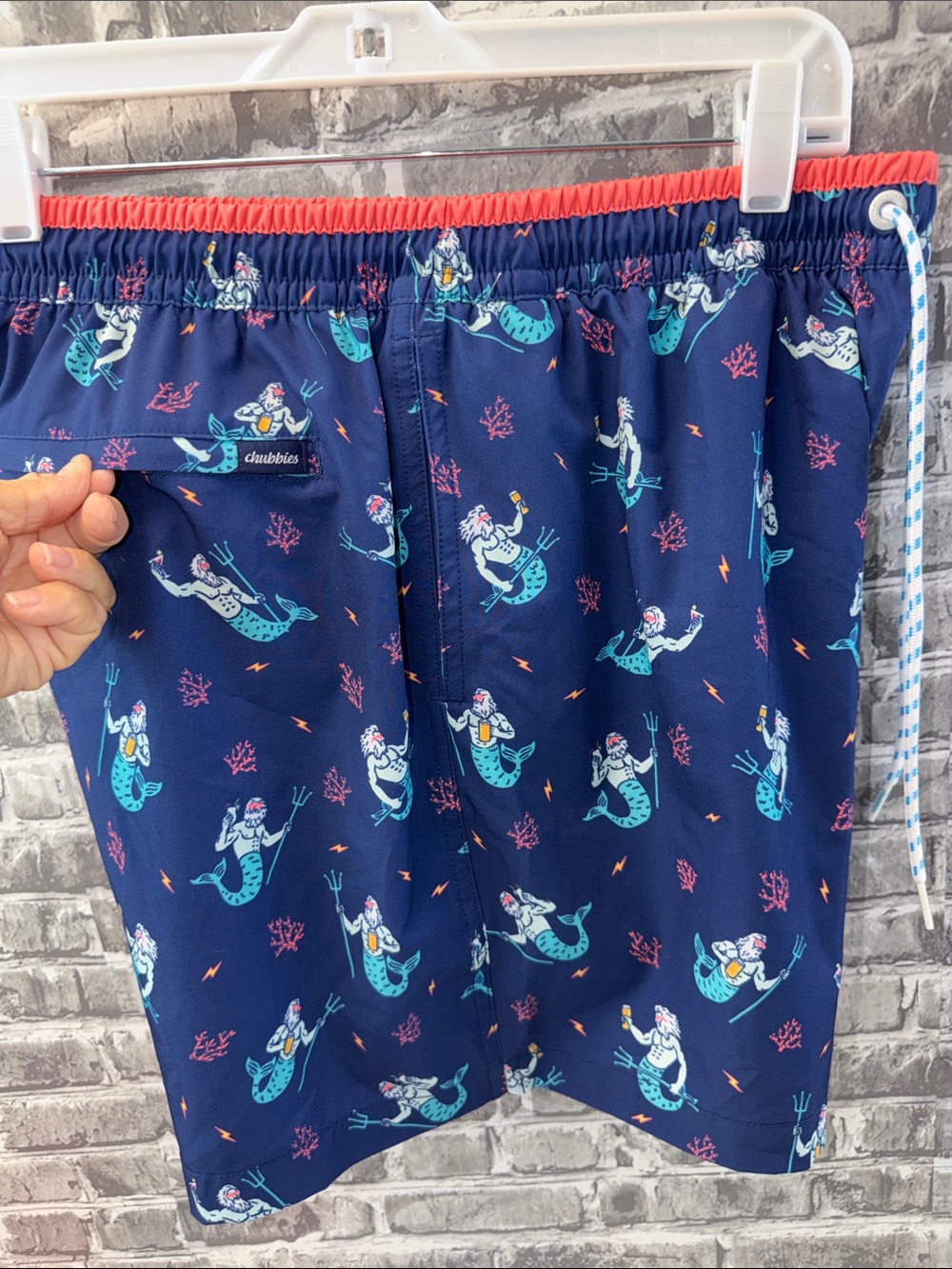 chubbies Navy Swim Shorts with Teal Mermaid Print and Coral Waistband